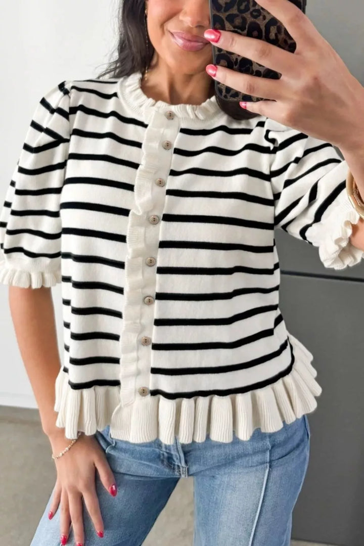 Striped short sleeve knit cardigan with ruffle trim