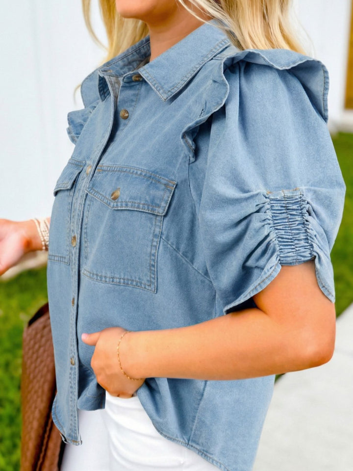 Ruffled cap-sleeve denim button-down shirt with flap pockets