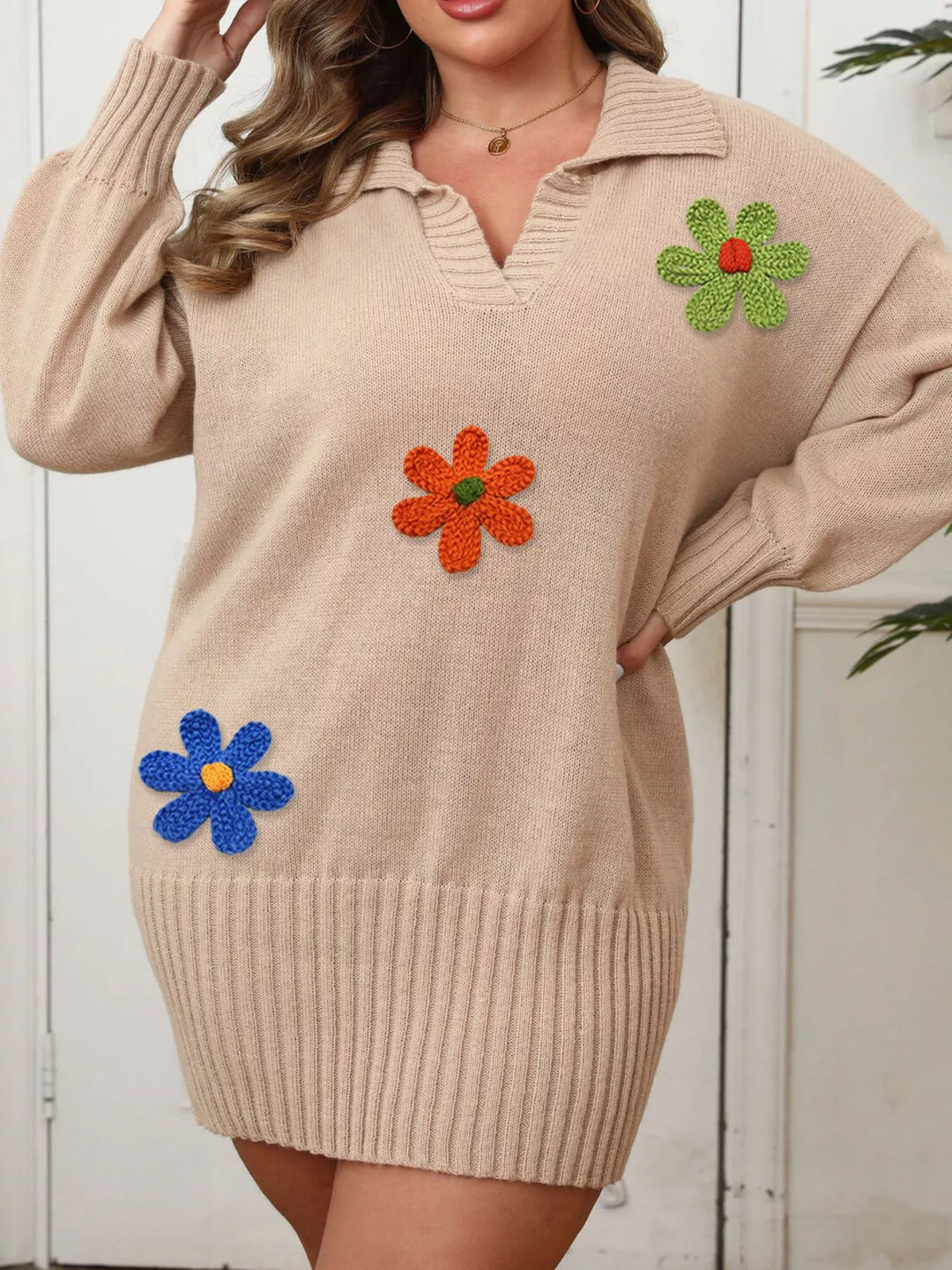 Khaki Floral applique collared sweater dress with ribbed hem