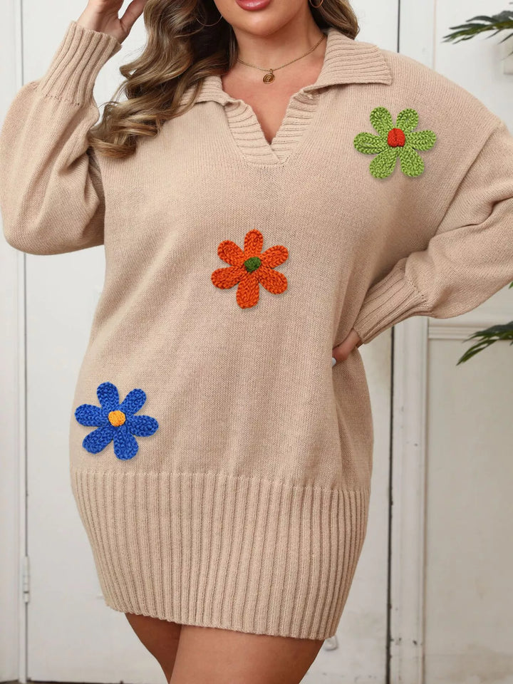 Khaki Floral applique collared sweater dress with ribbed hem