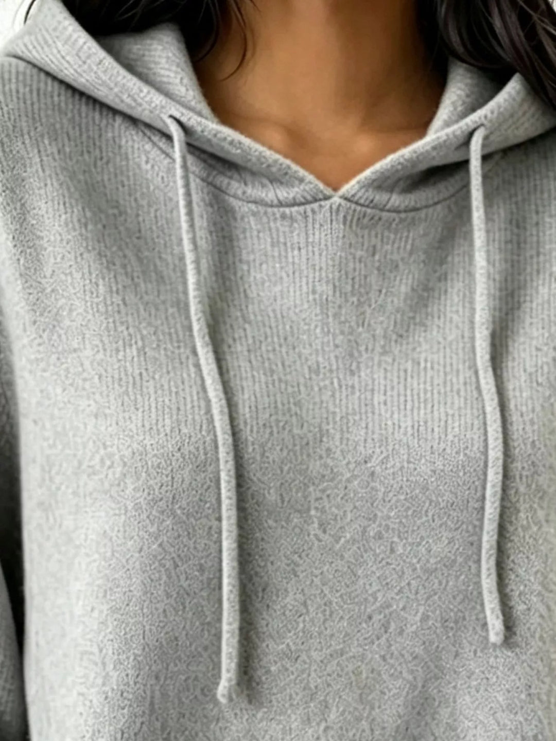 Drawstring hooded knit pullover sweater with ribbed trim