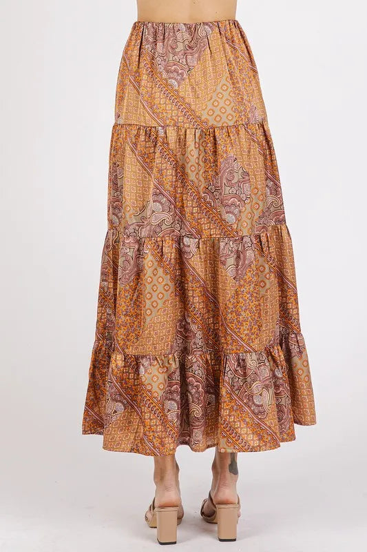 Paisley patchwork tiered satin maxi skirt