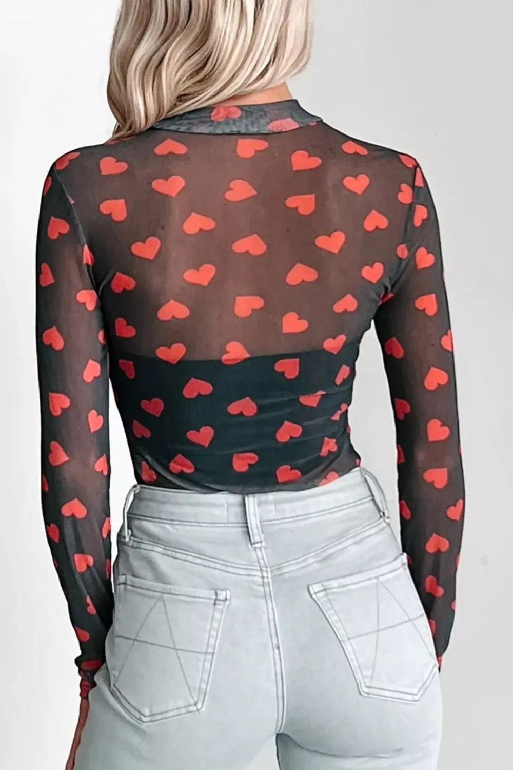 Heart print sheer mesh mock neck long sleeve crop top