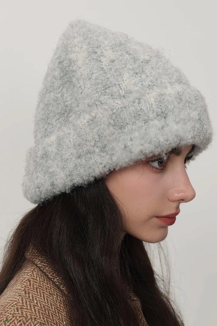 Gray Fuzzy brushed knit cuffed beanie with slouchy crown