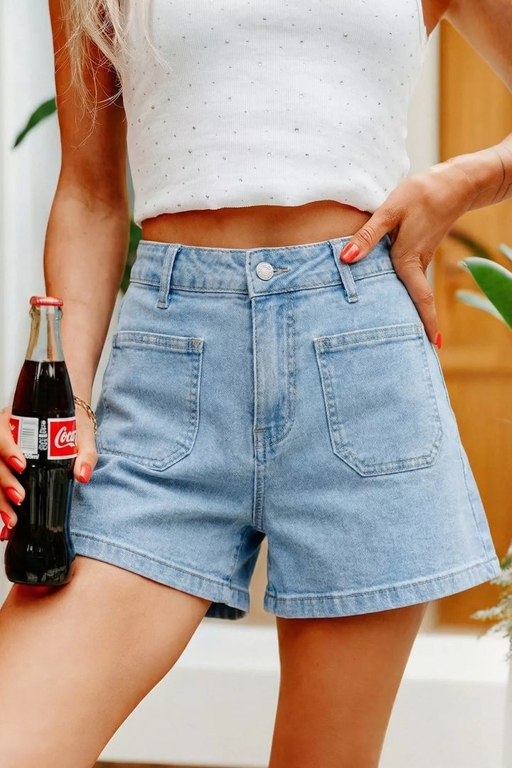 Light Blue High-rise front patch pocket denim shorts