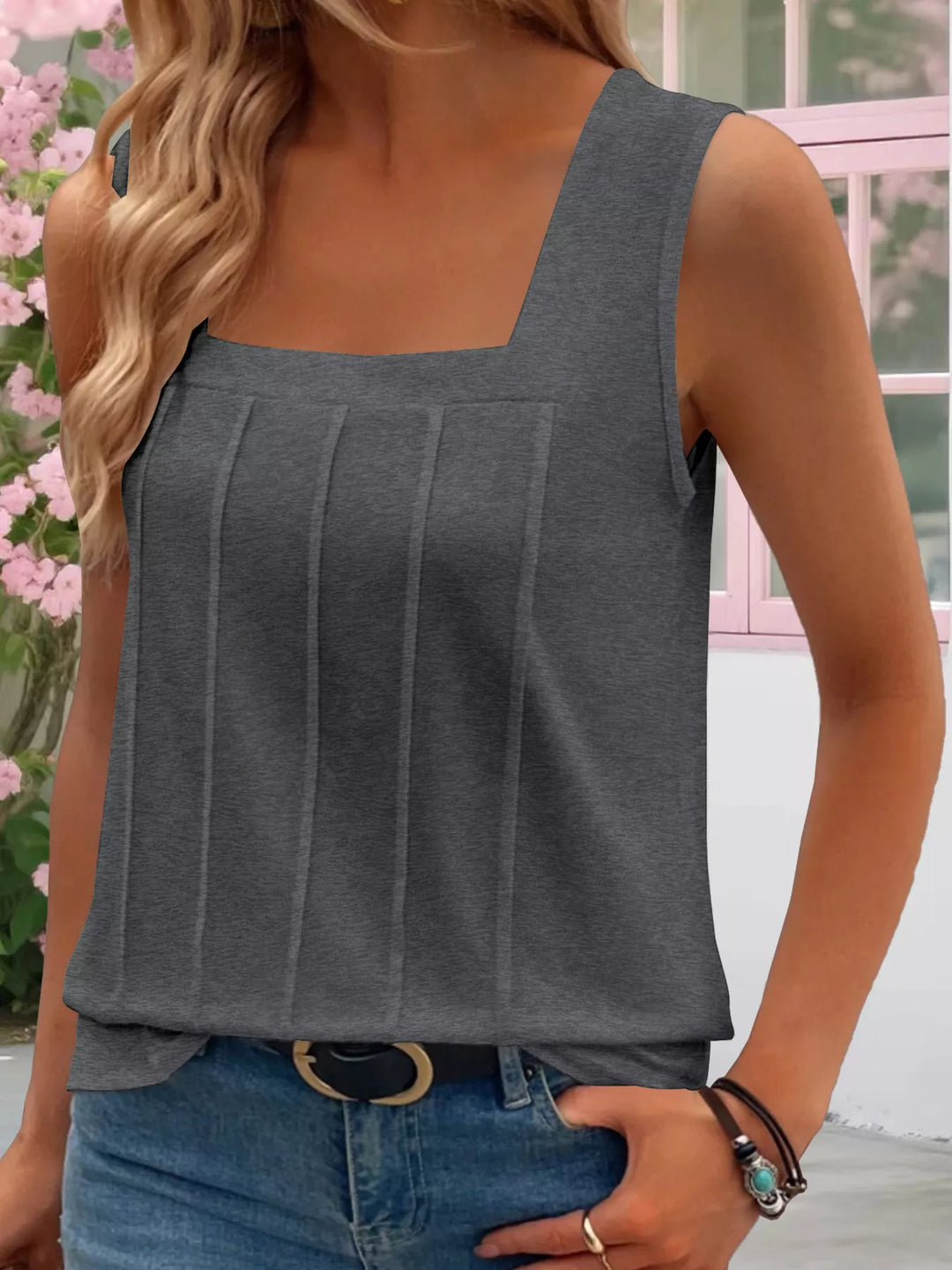 Dark Gray Square neck pleated tank top with vertical pintuck detail