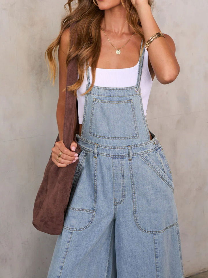 Relaxed wide-leg denim overalls with adjustable straps