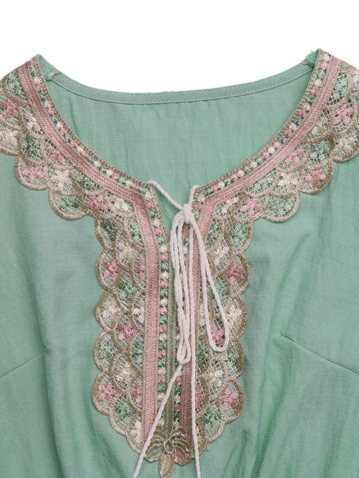 Embroidered tie-neck flutter sleeve maxi dress