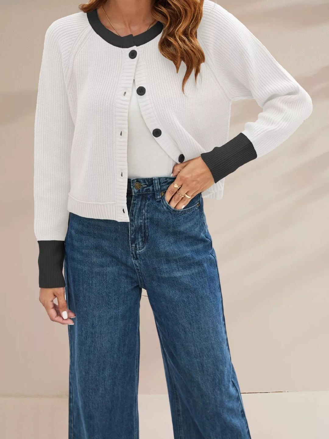White Ribbed knit cardigan with contrast trim and button front