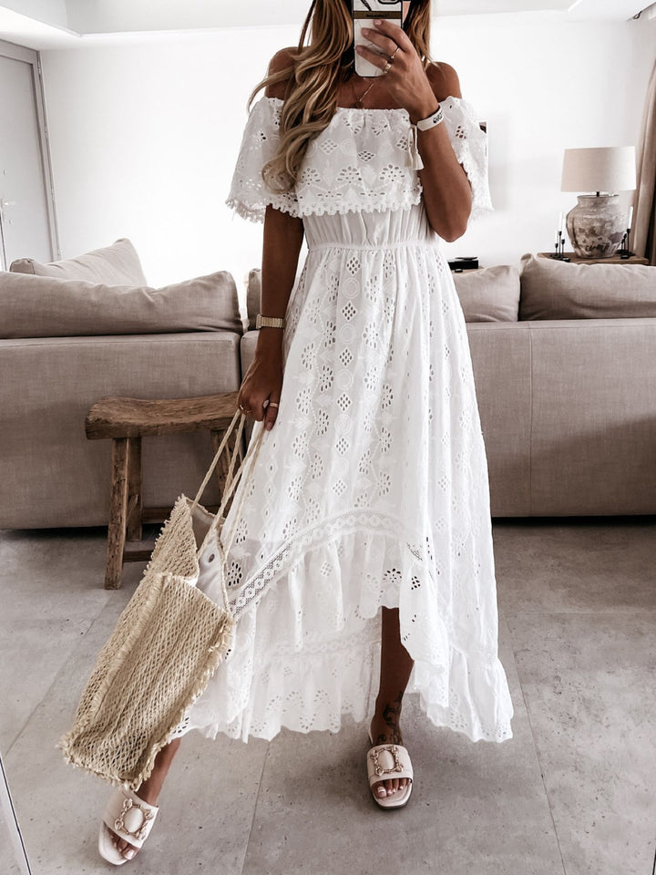 White Off-shoulder eyelet lace high-low maxi dress