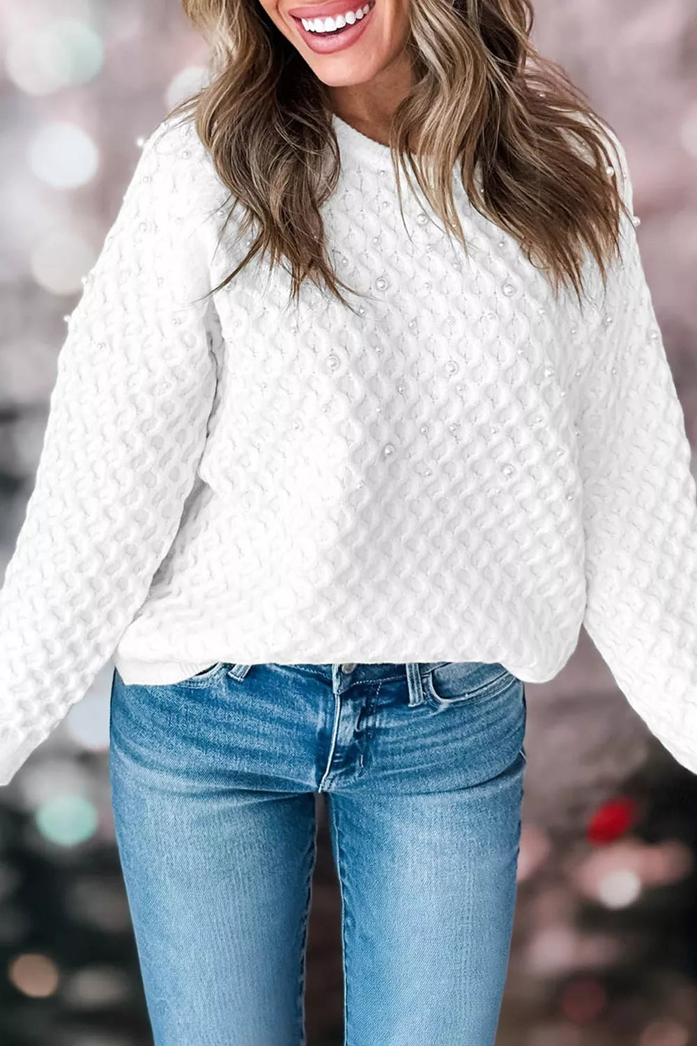 Pearl embellished textured knit crew neck pullover sweater