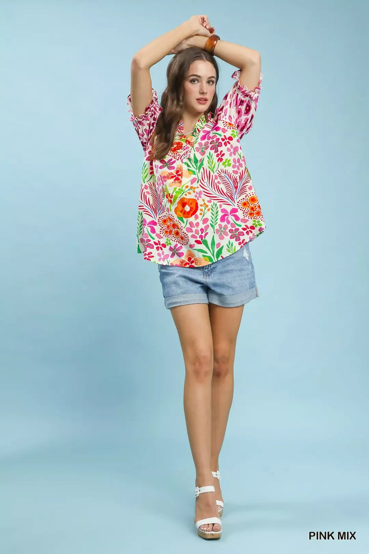 Mixed floral print puff sleeve top with ruffle V-neck
