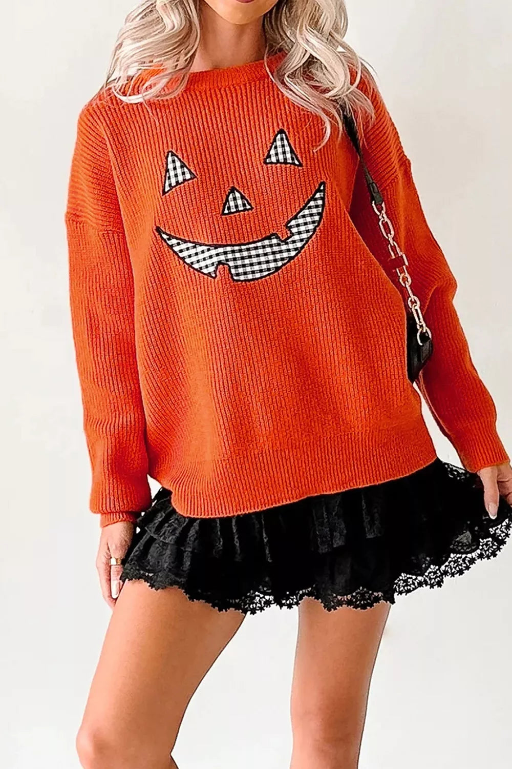 Jack-o-lantern patch drop shoulder Halloween sweater