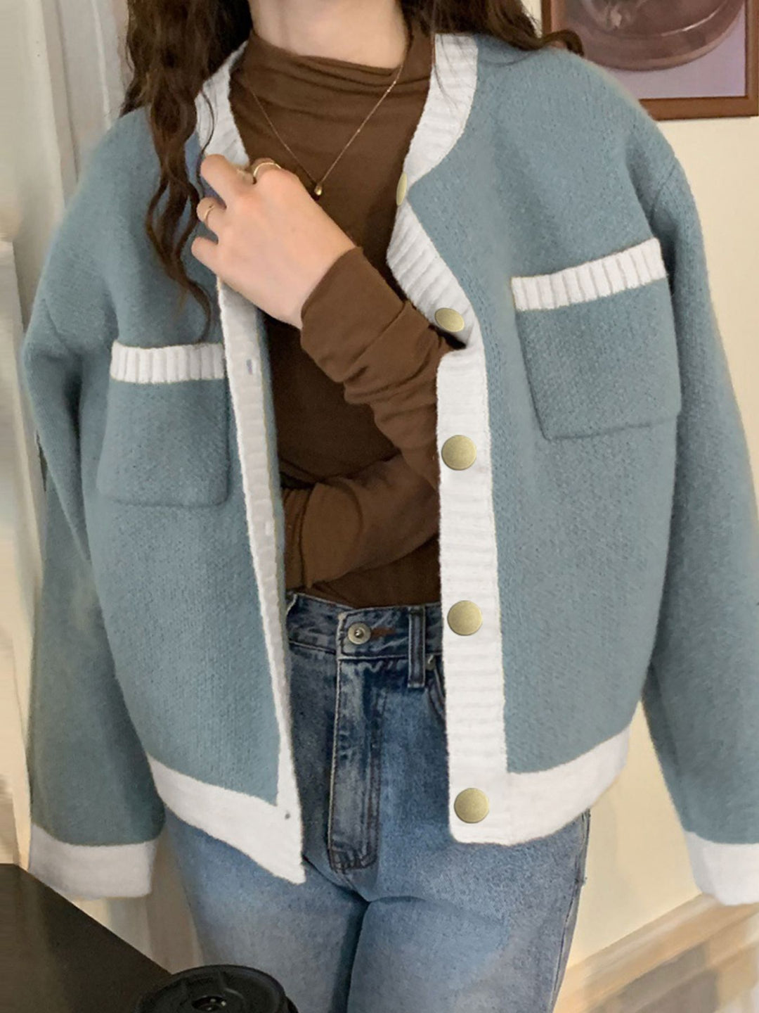 Contrast-trim button-up knit cardigan with patch pockets