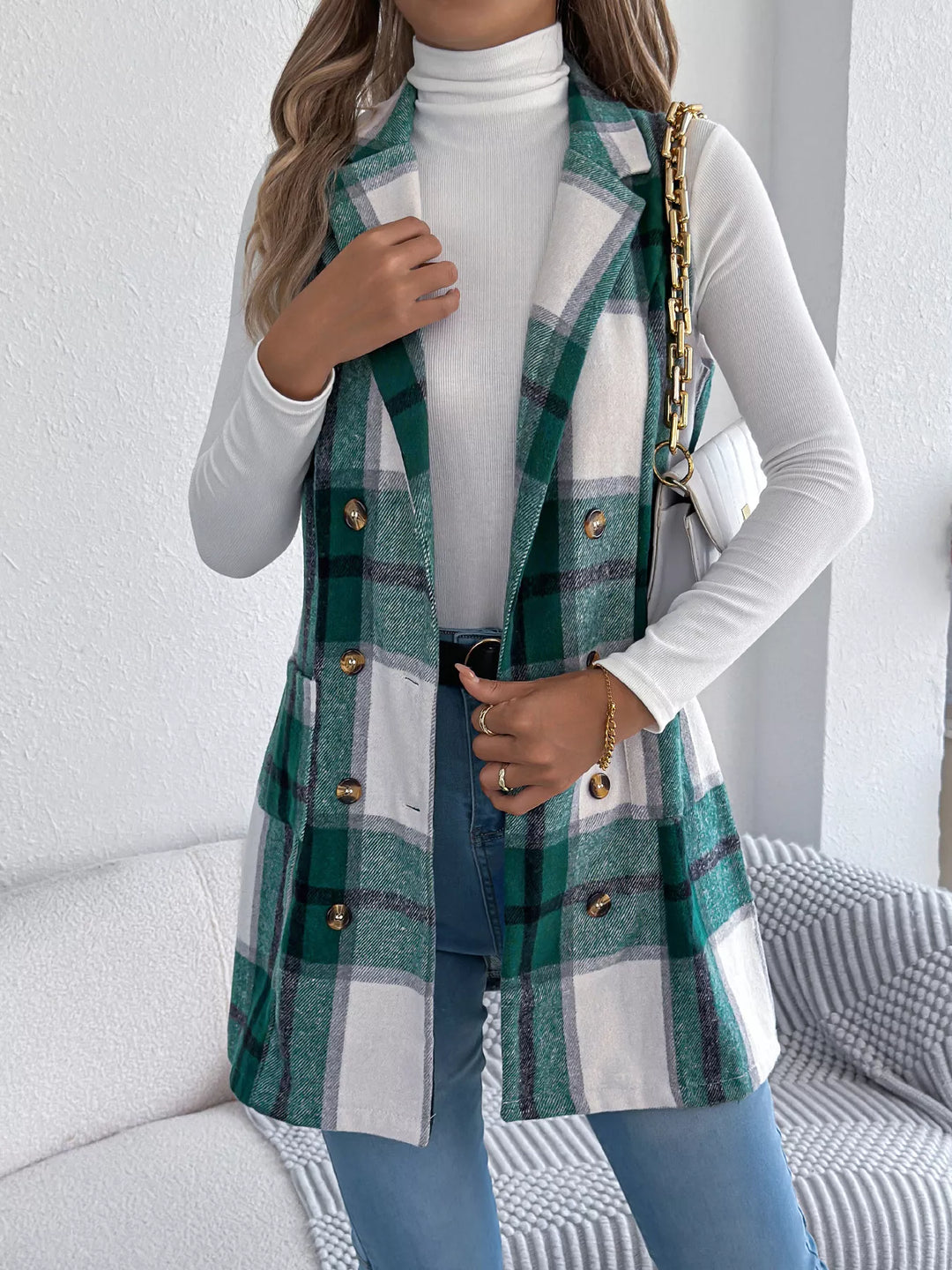 Plaid double-breasted longline vest coat with notched lapel