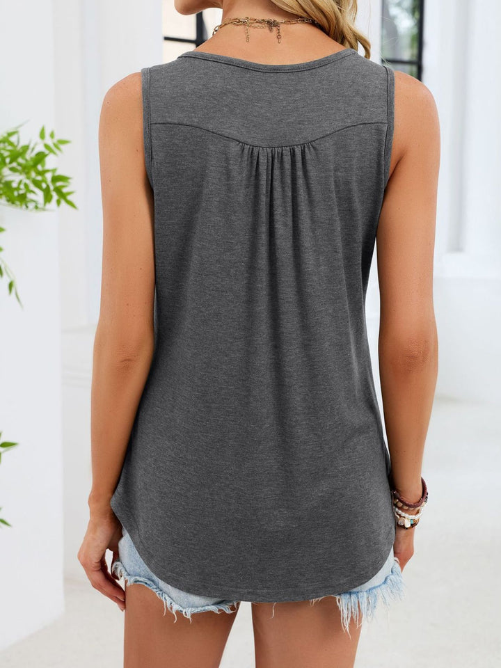 Ruched button-front sleeveless round neck tank top
