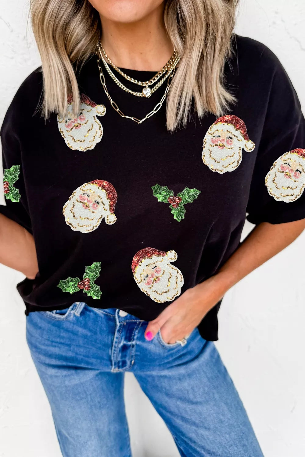 Black Sequin Santa and holly Christmas graphic tee