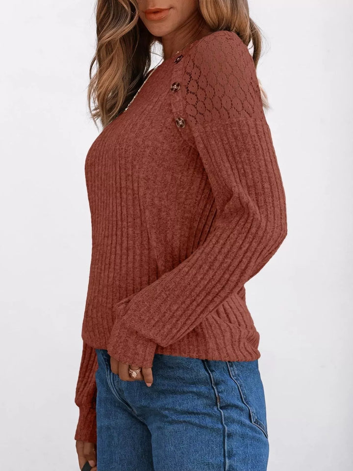 Ribbed knit long sleeve top with lace shoulder detail