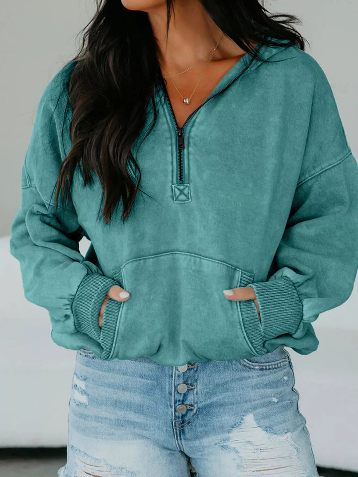 Air Force Blue Mineral wash half-zip pullover with kangaroo pocket