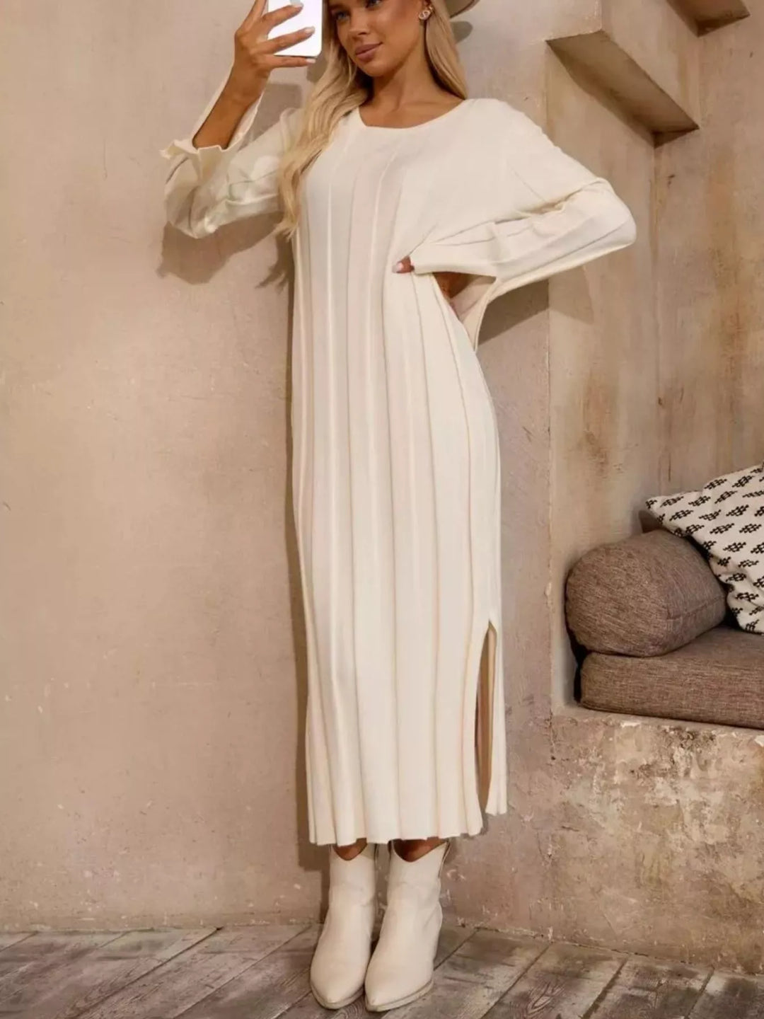 Ribbed knit maxi sweater dress with side slit and flared sleeves