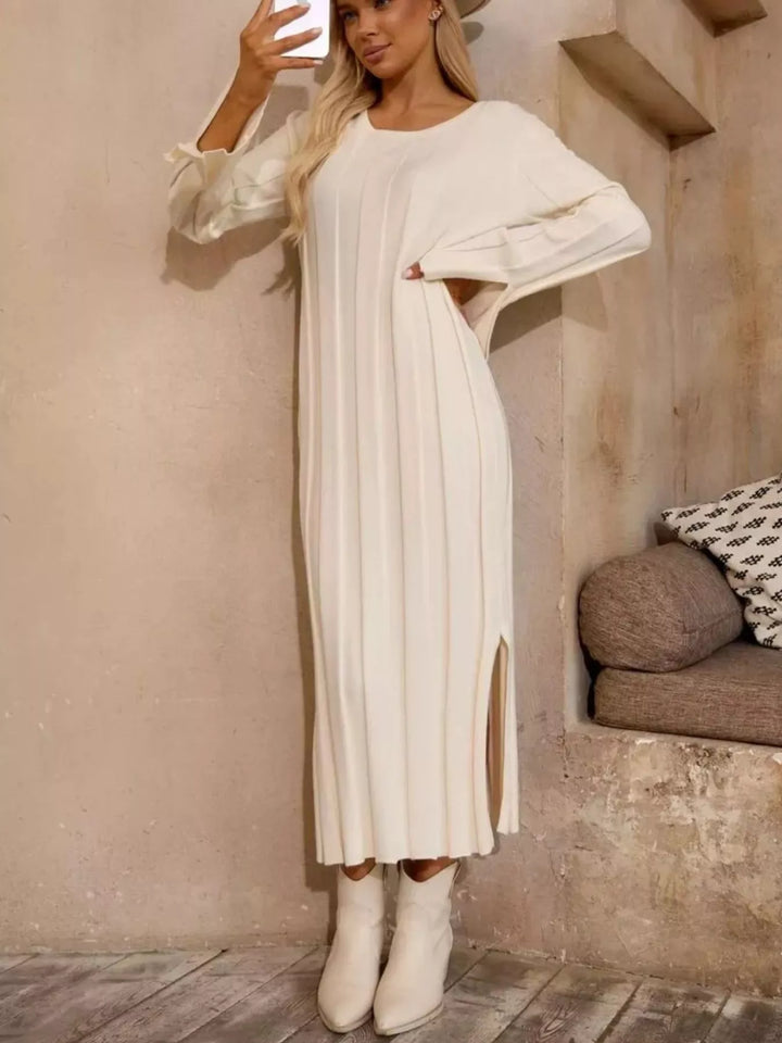 Ribbed knit maxi sweater dress with side slit and flared sleeves