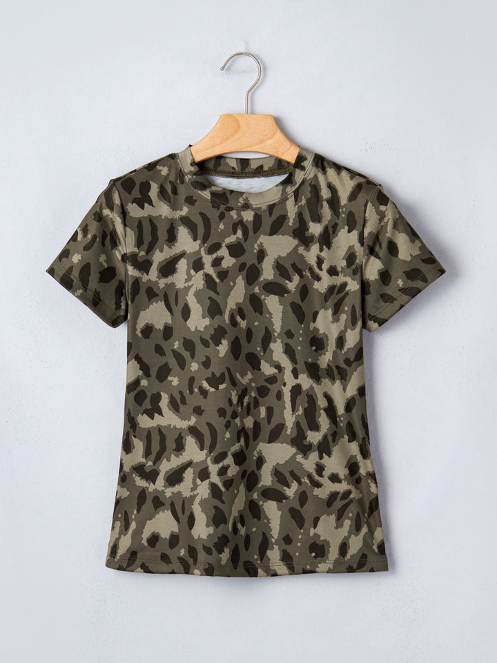 Leopard print mock neck fitted short sleeve tee