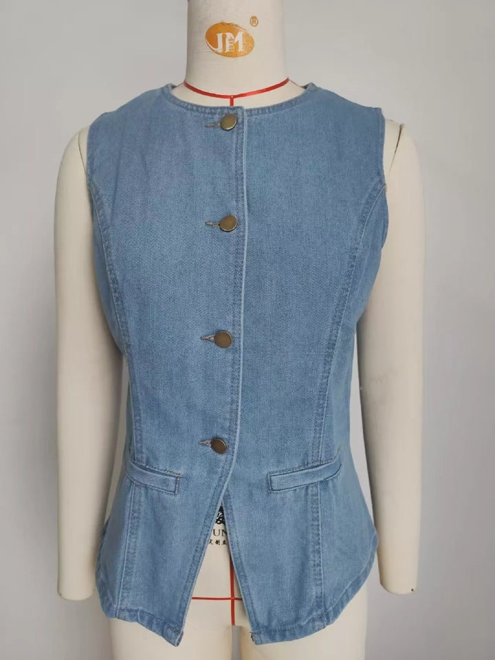 Sleeveless button-front denim vest and wide-leg pants set