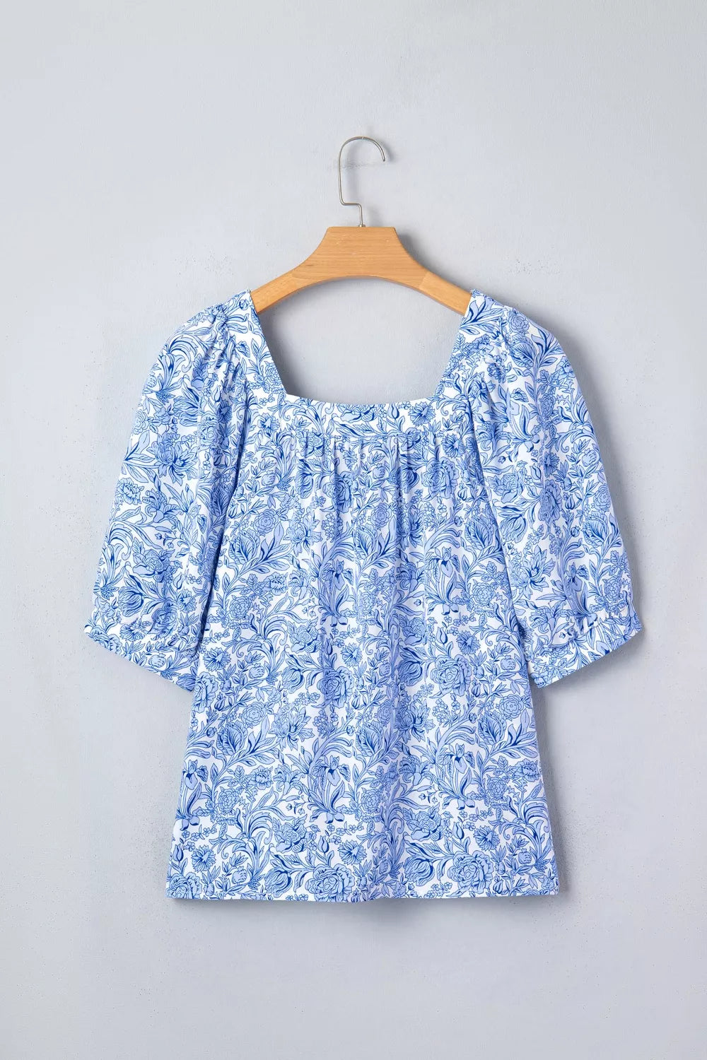 Square neck floral print puff sleeve blouse