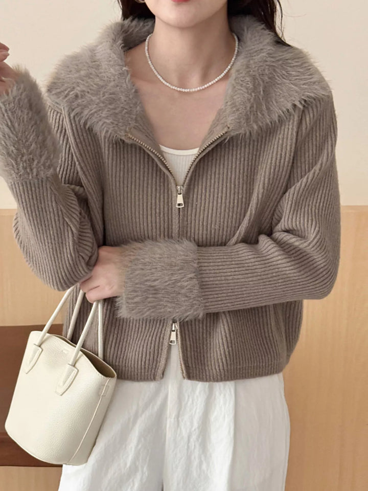 Ribbed knit zip-up cardigan with fluffy faux fur trim
