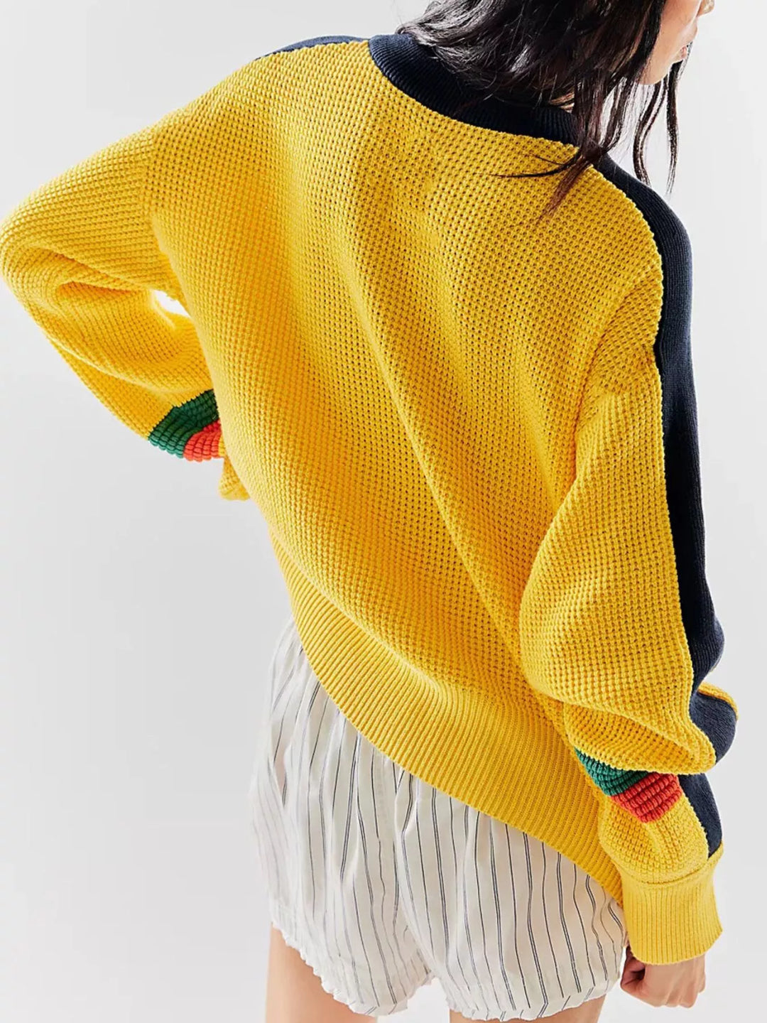 Color block waffle-knit crew sweater with striped sleeves