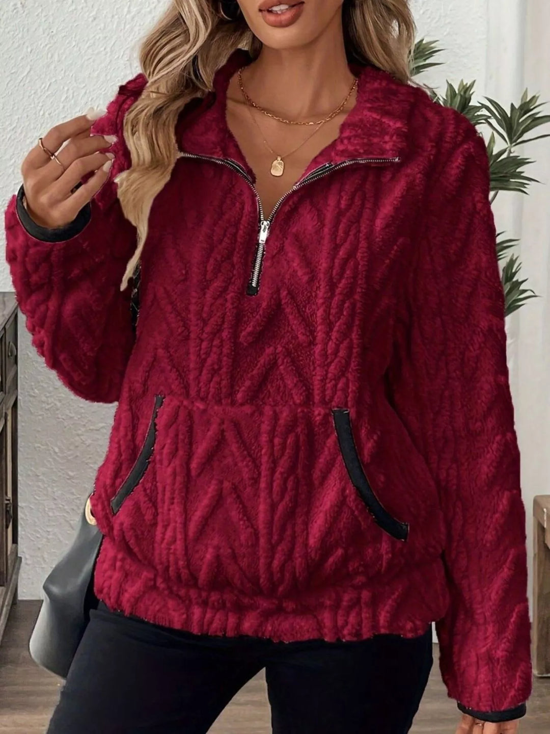 Textured fleece half-zip pullover with kangaroo pocket