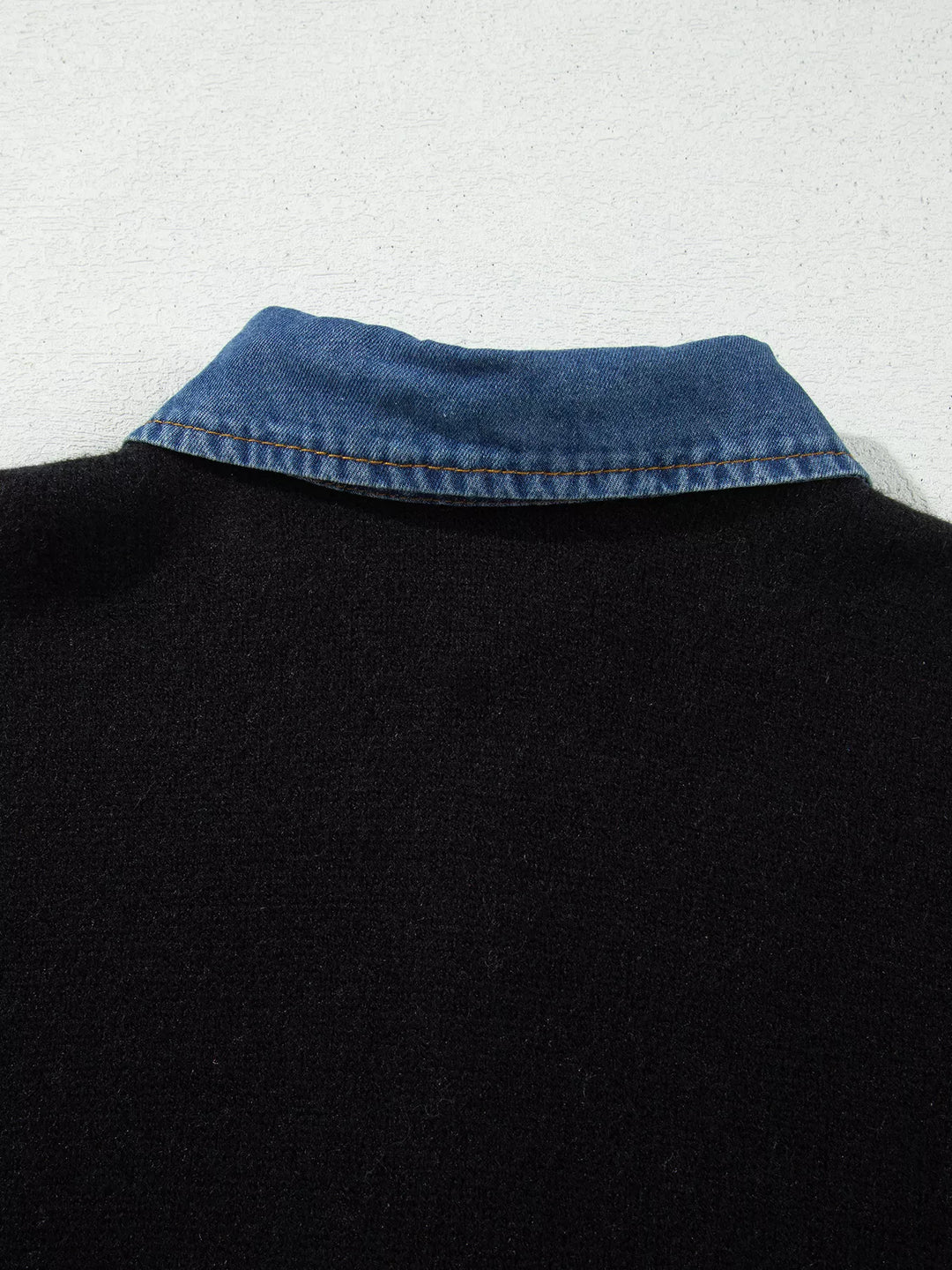 Denim collar knit sweater with button placket and cuffs