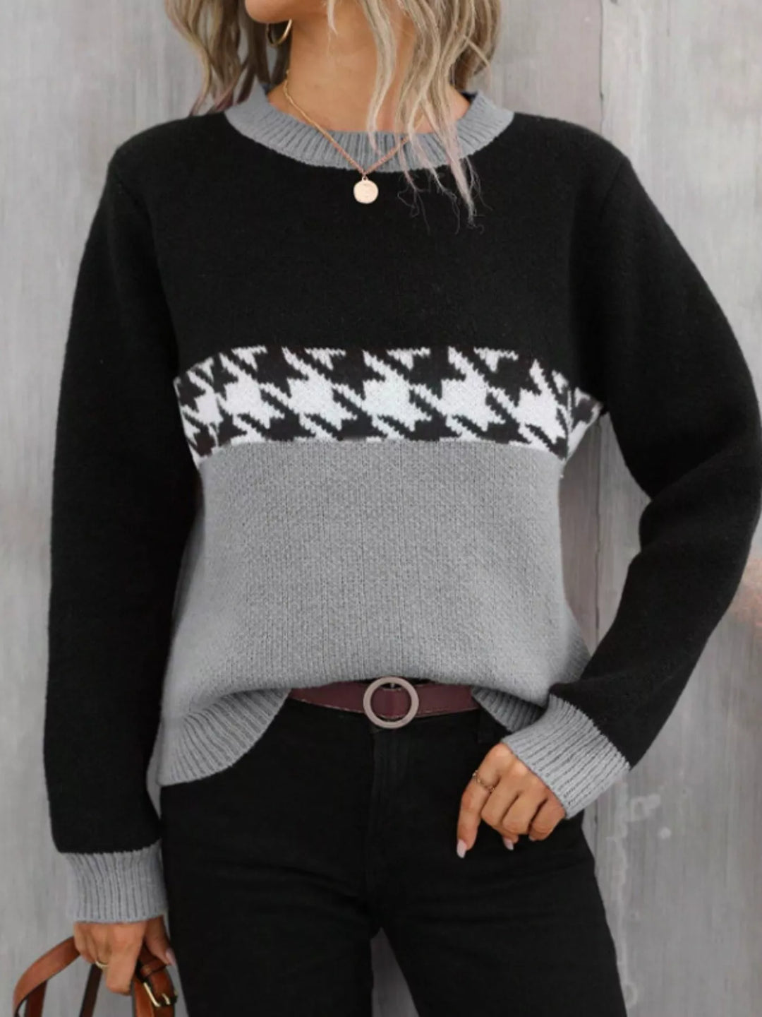 Gray Color block houndstooth crew neck sweater