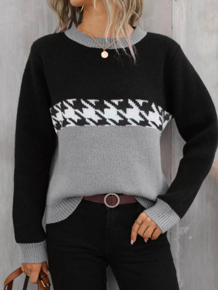 Gray Color block houndstooth crew neck sweater