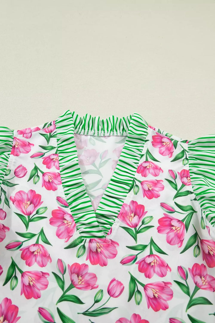 Floral print V-neck blouse with striped ruffle sleeves