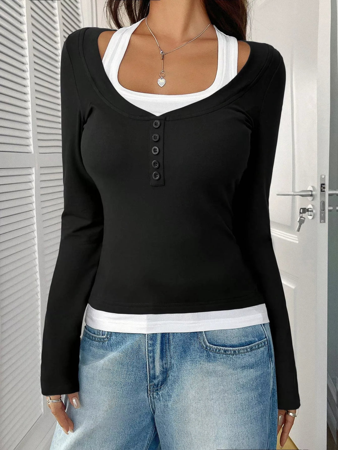 Fake two-piece contrast long sleeve henley top