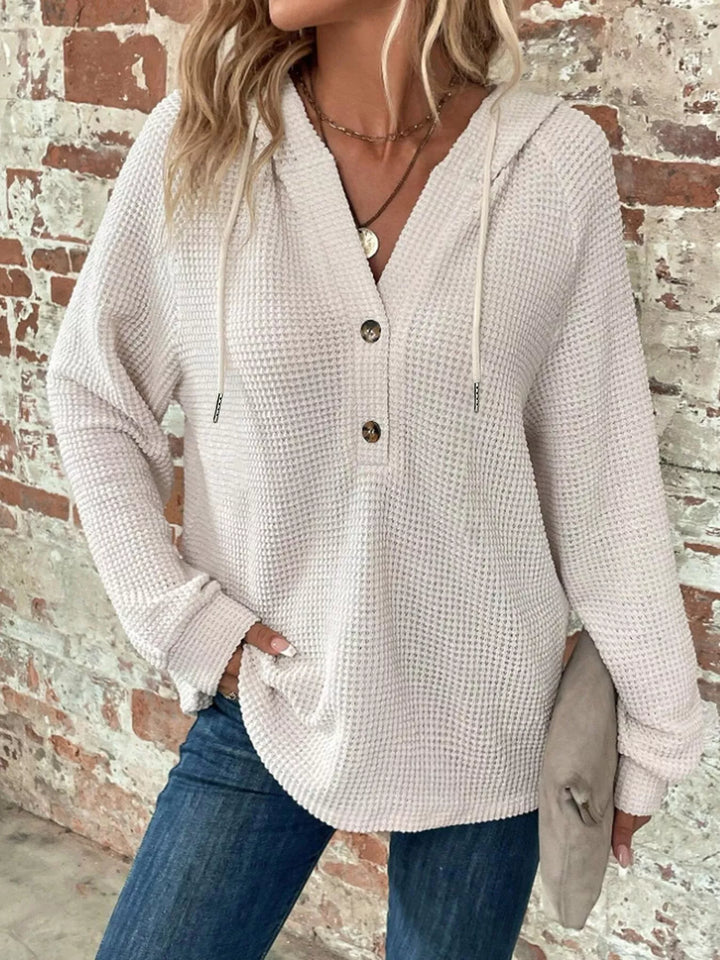 Waffle knit button-front hoodie with drawstring hood