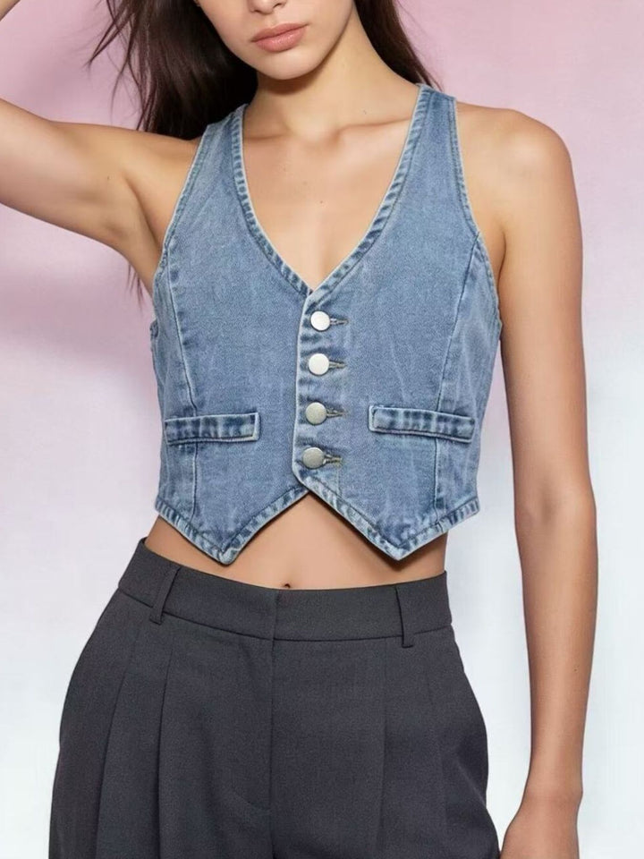 Cropped button-front denim vest with V-neck