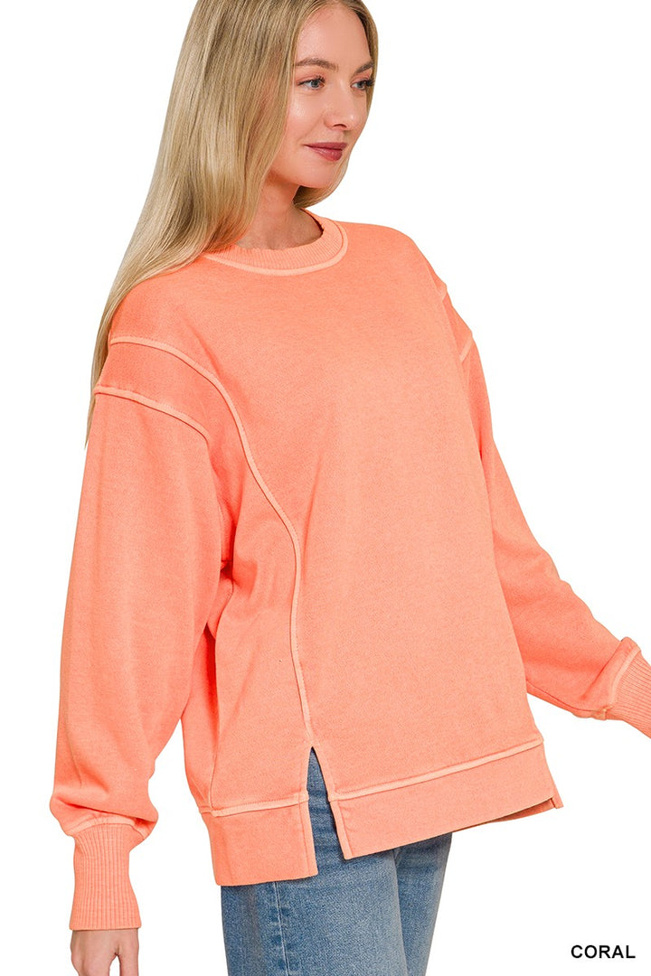 Pigment-washed exposed-seam fleece crew neck sweatshirt
