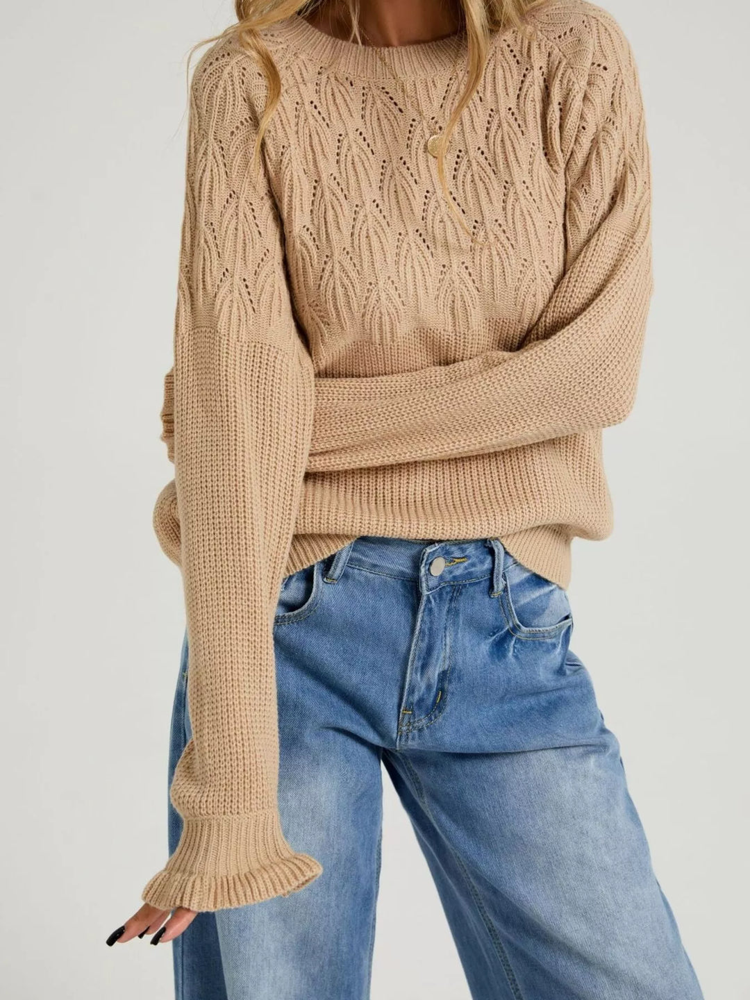 Pointelle openwork knit sweater with ruffle cuffs