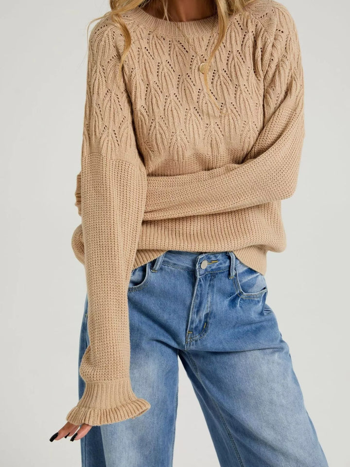Pointelle openwork knit sweater with ruffle cuffs