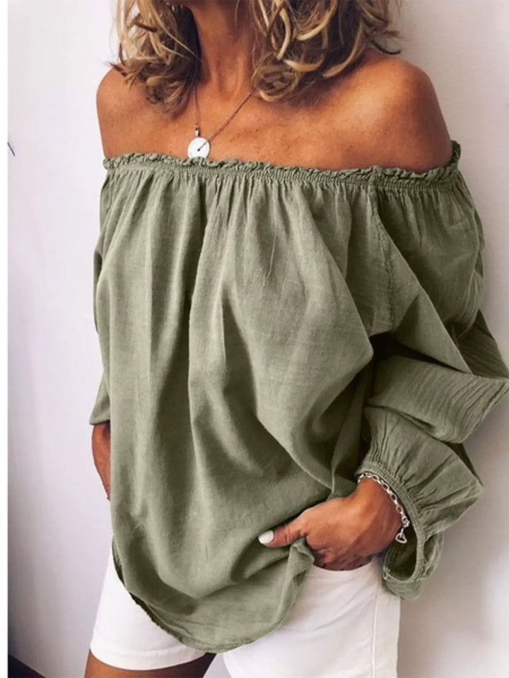 Army Green Off-shoulder ruffle-neck blouse with long puff sleeves