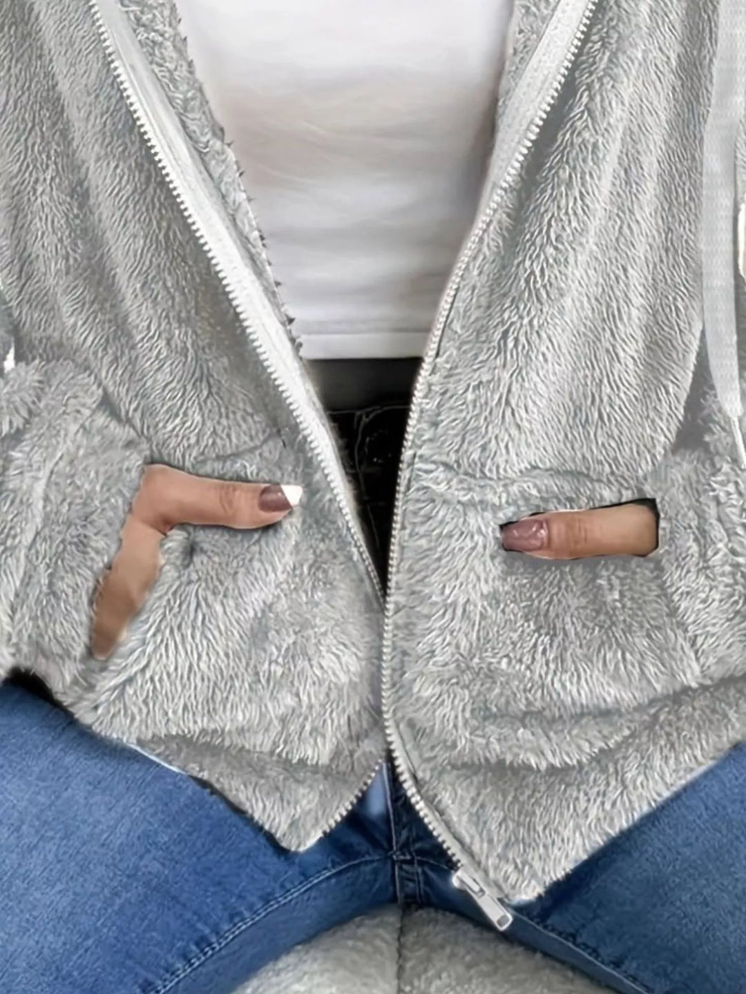 Fuzzy fleece hooded zip-up jacket with front pockets