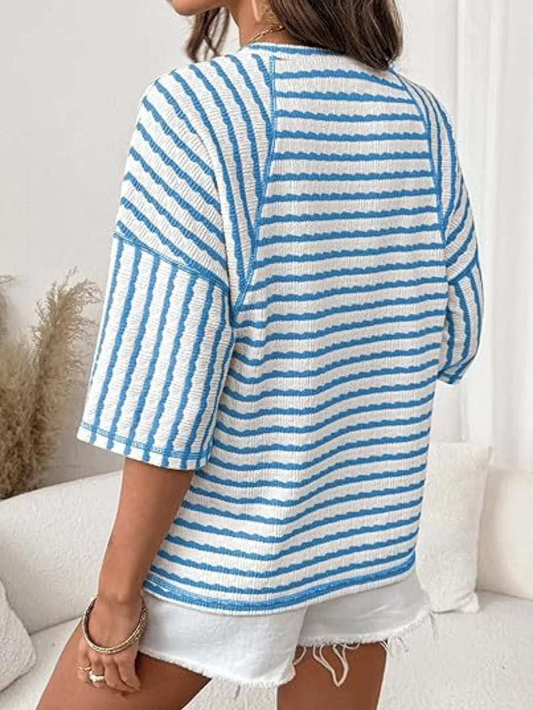 Striped ribbed knit short sleeve crew neck top