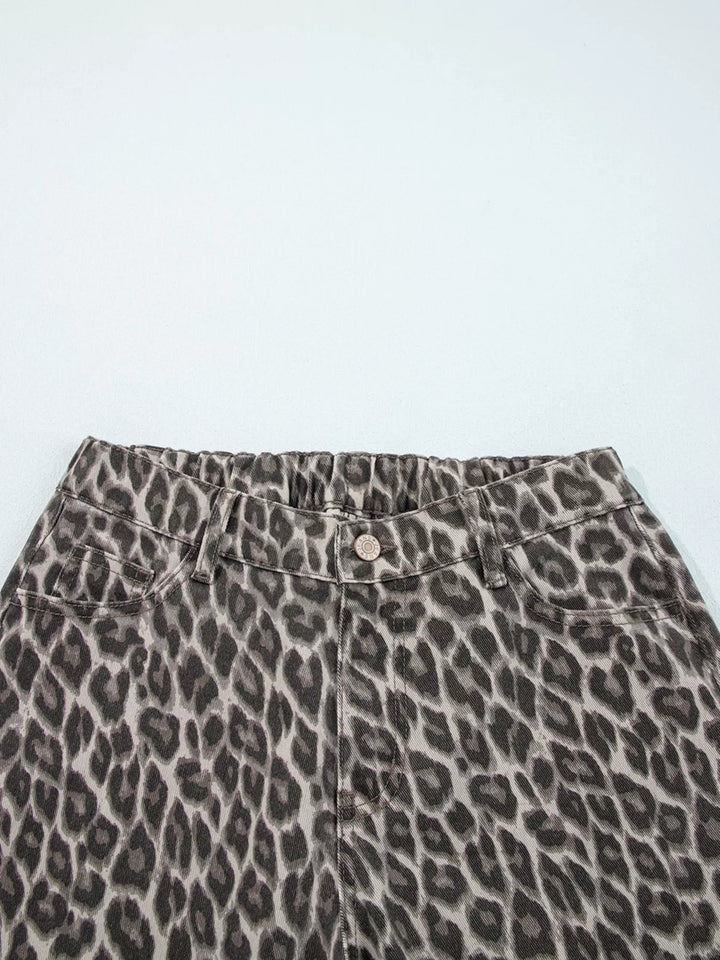 Leopard print straight loose-leg jeans with cuffed hem