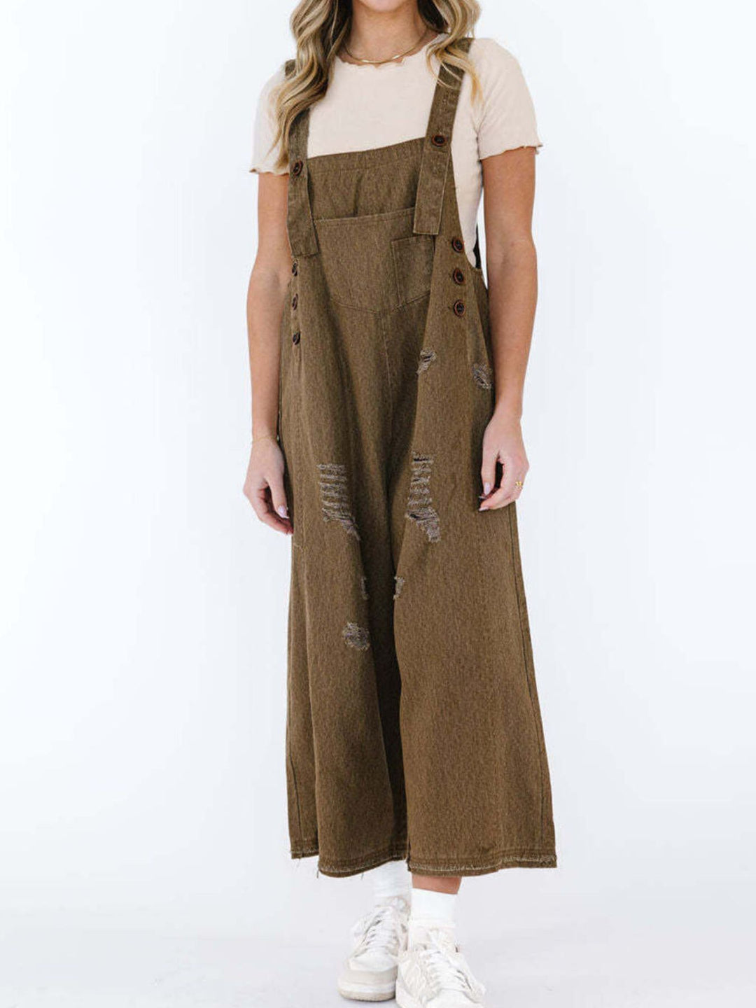 Distressed wide leg denim overalls with adjustable straps