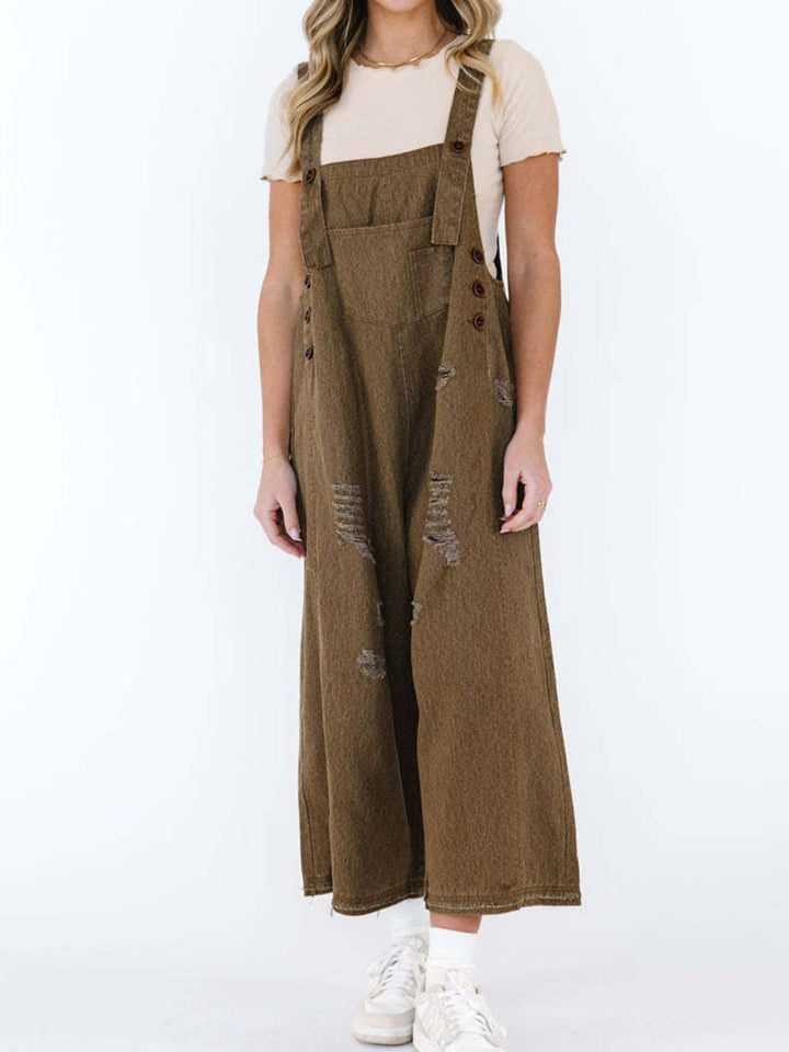 Distressed wide leg denim overalls with adjustable straps