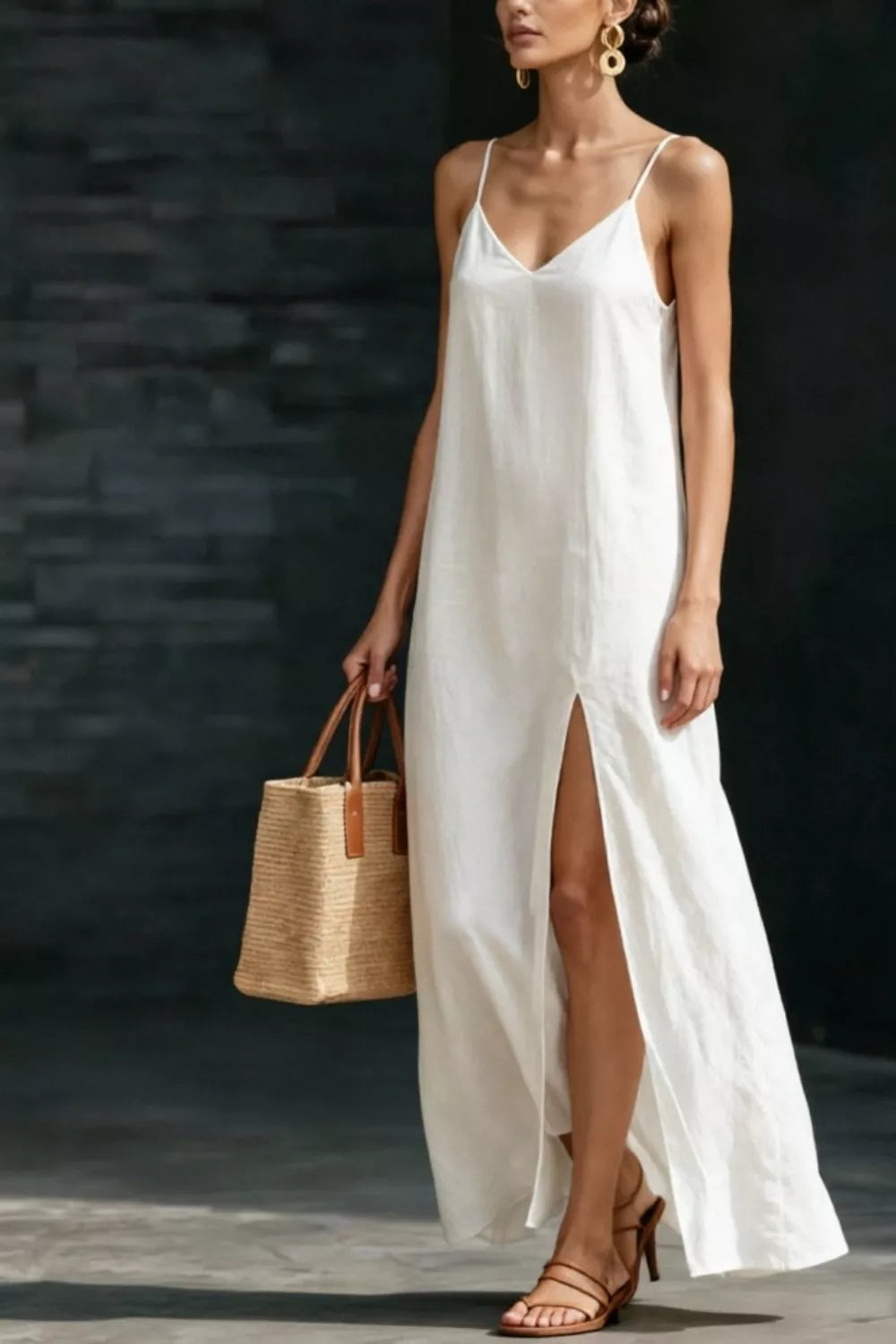 Spaghetti strap V-neck maxi dress with side slit