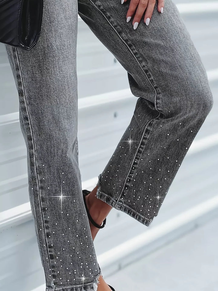 Rhinestone-embellished cropped straight jeans with raw hem