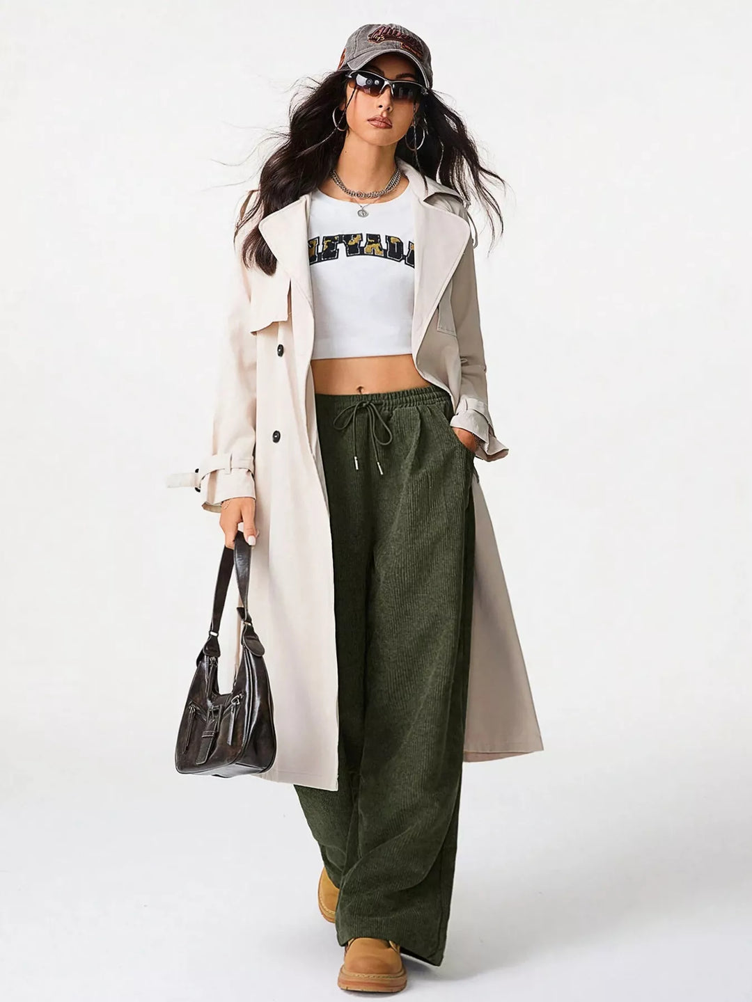 Corduroy wide-leg pants with drawstring waist